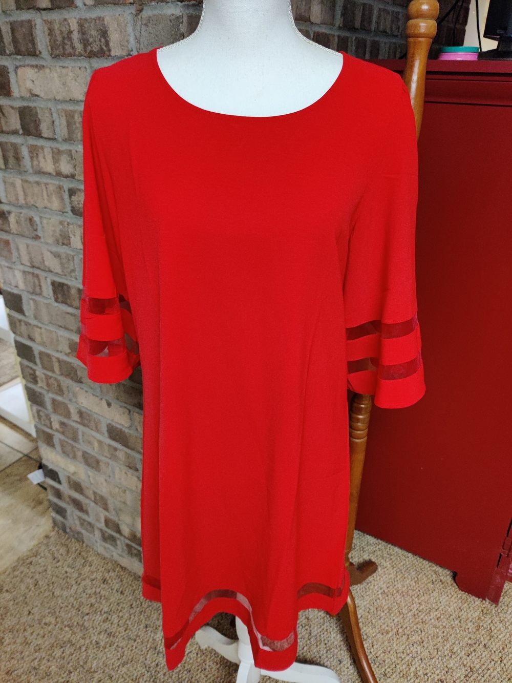 Women's Red Scoop Neck Dress with Sheer Trim, Size Medium